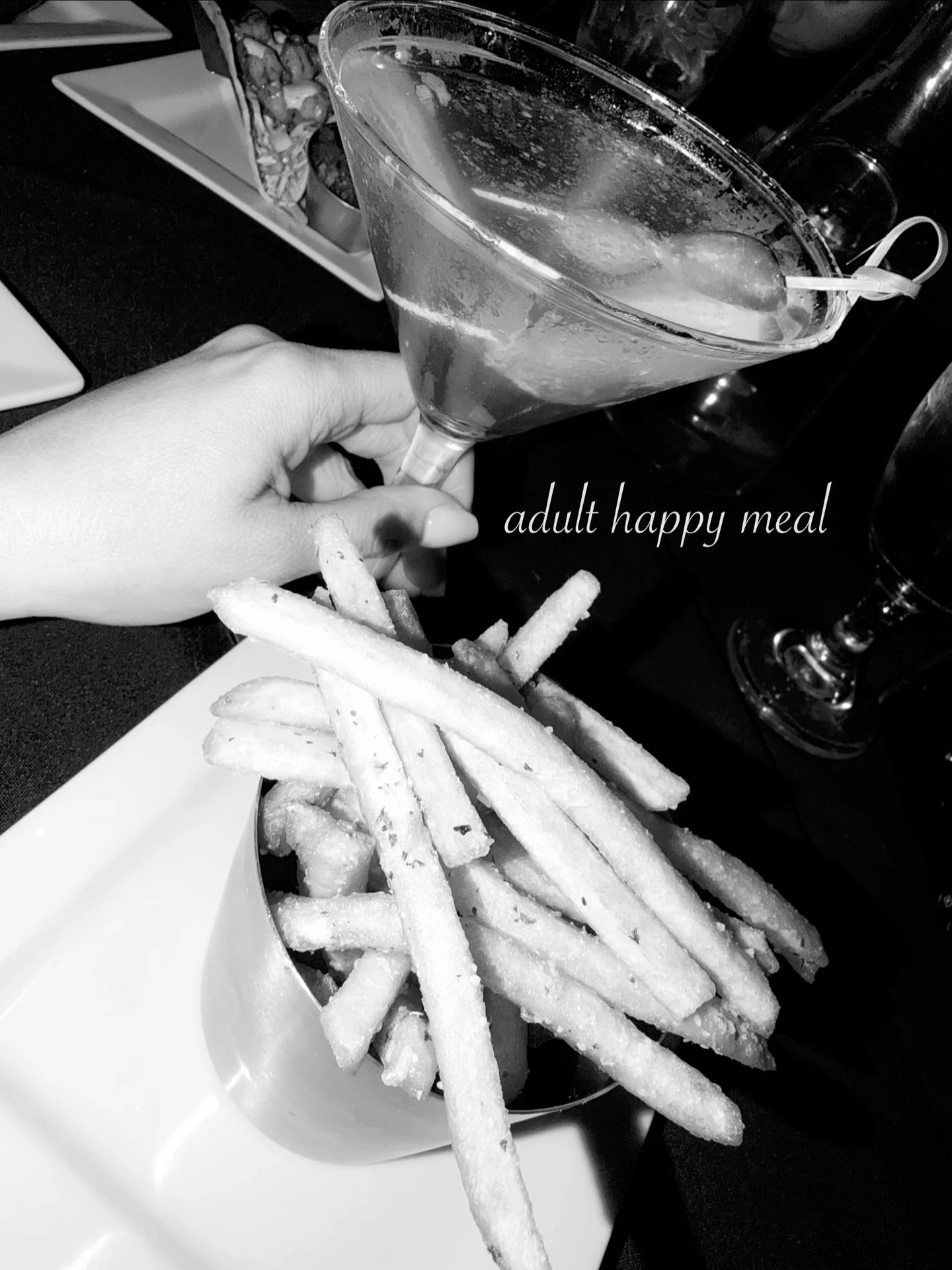 The ultimate Adult Happy Meal
Dirty martini energy, but make it a combo. 🍸✨
Ice-cold, extra dirty, paired with shoestring truffle fries that disappear faster than your willpower. 

#finedining #palmsprings #restaurant #matinis #adulthappymeal