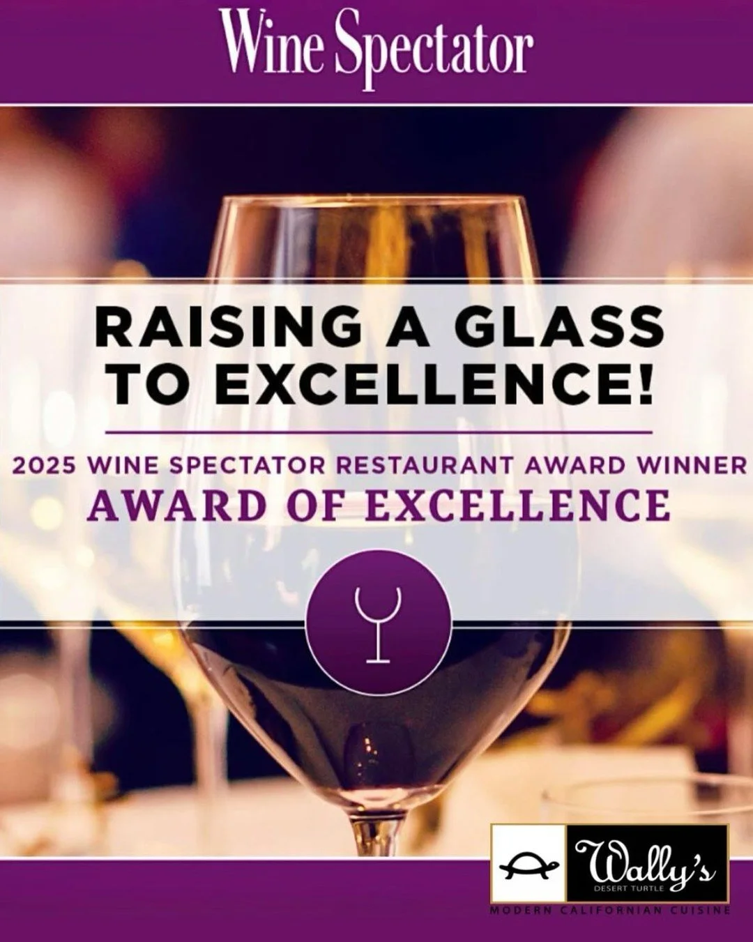 A proud moment for us at Wally&rsquo;s Desert Turtle. 🍷
Our thoughtfully curated wine program, featuring world-class vintages, organic wines, boutique selections, and blue-chip classics, has been honored for its outstanding wine program and sommelie