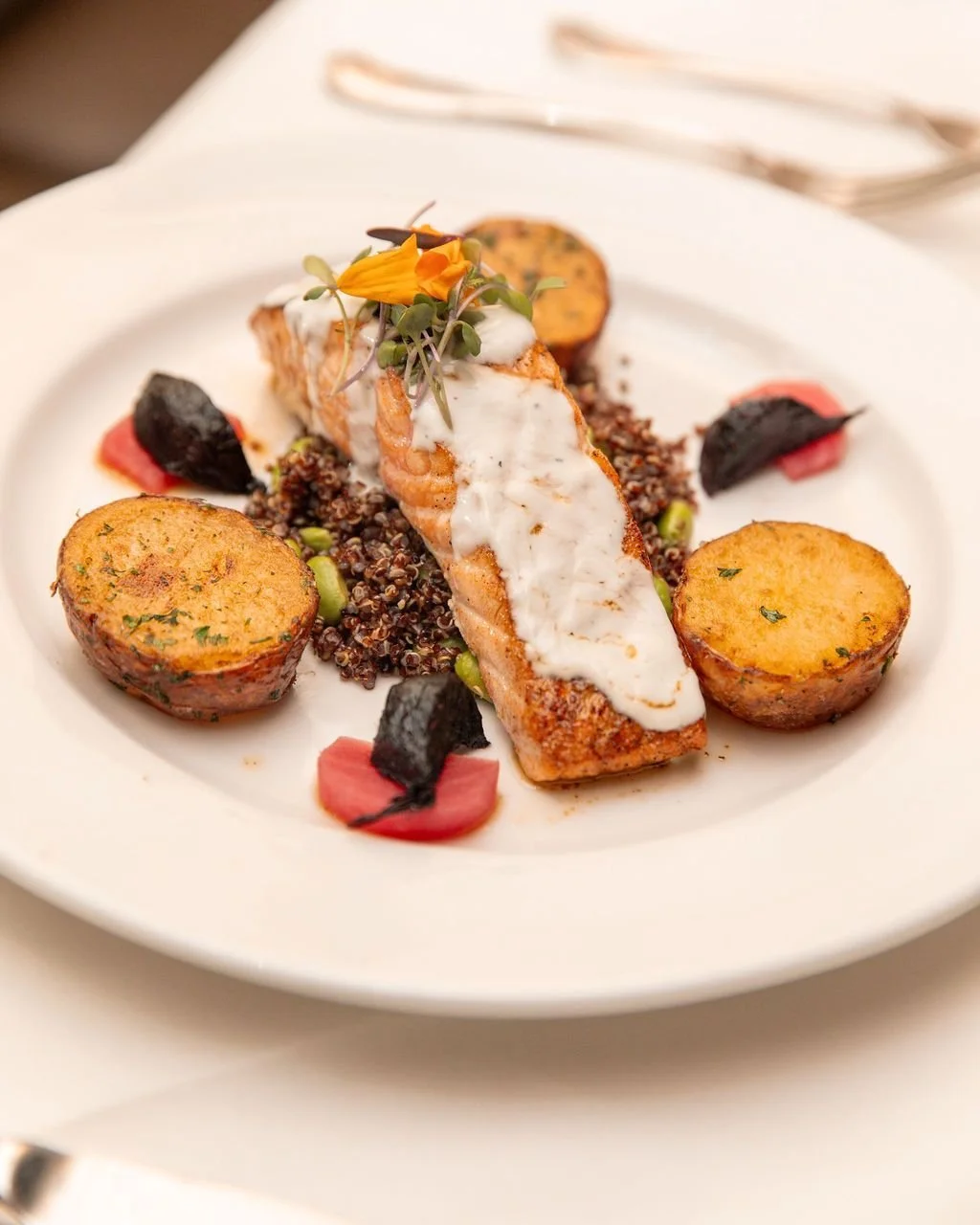 Golden, delicate, and kissed with citrus ✨ Our Loch Duart Seared Salmon is finished with a silky citrus beurre blanc that melts into every bite, clean, vibrant, and effortlessly refined.

Come taste why simplicity done right is everything. 🍽️
Reserv