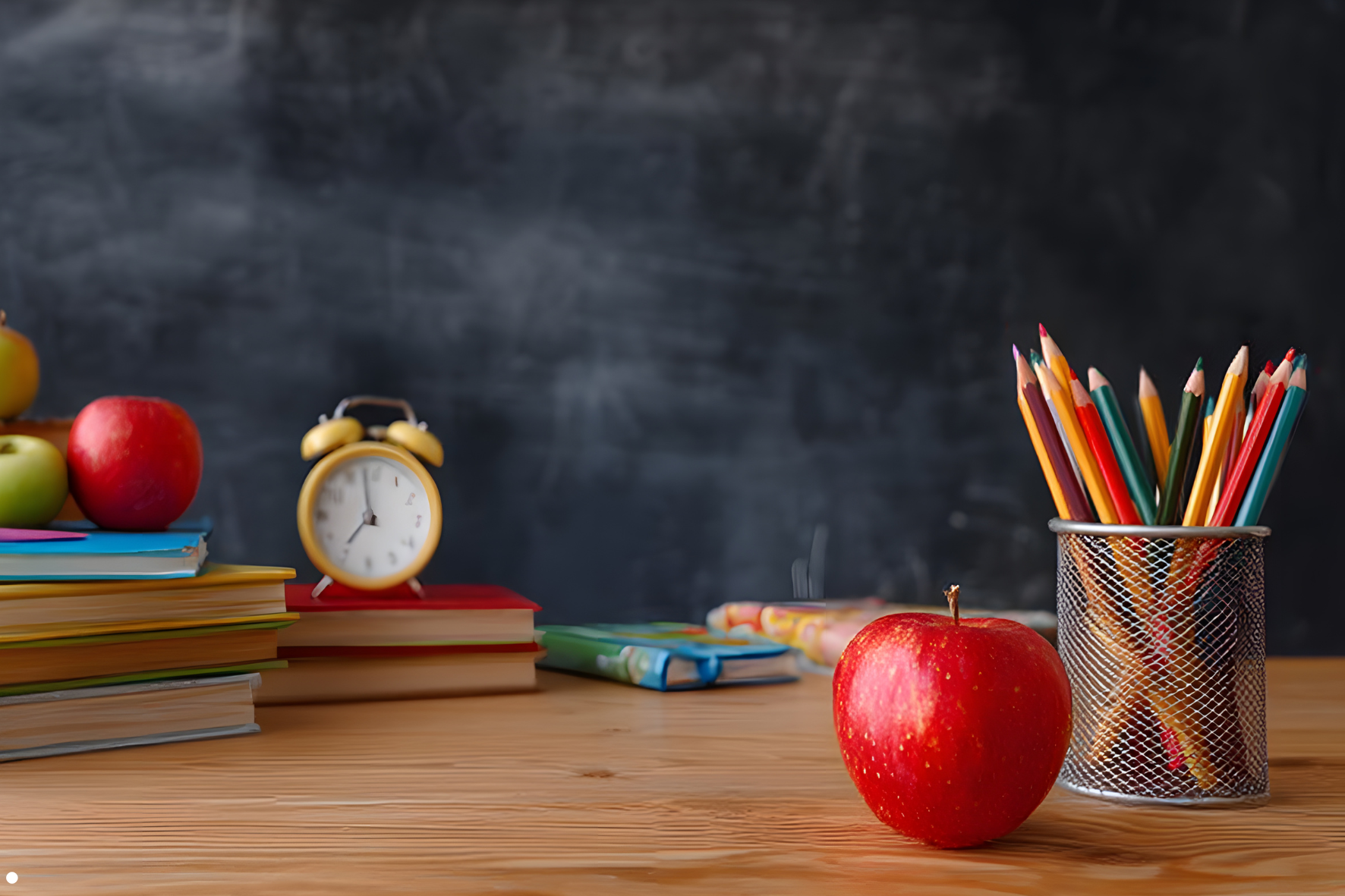 Teacher's desk with apple and pencils for a solo mum's child starting school