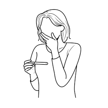 Line art of a solo mum looking at a positive pregnancy test