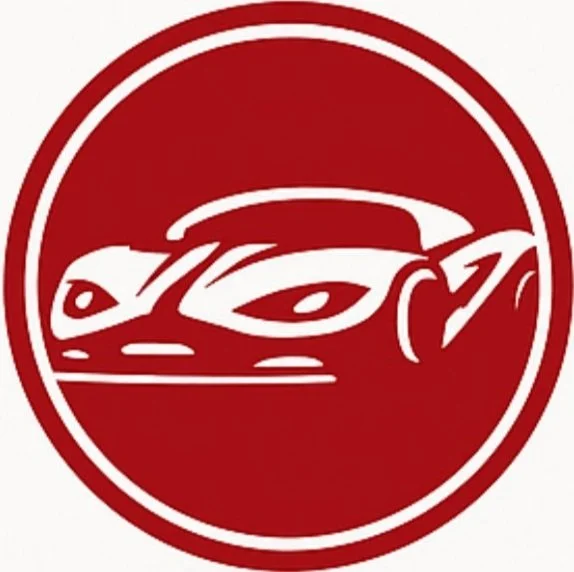 Red circular logo featuring a stylized white sports car outline.