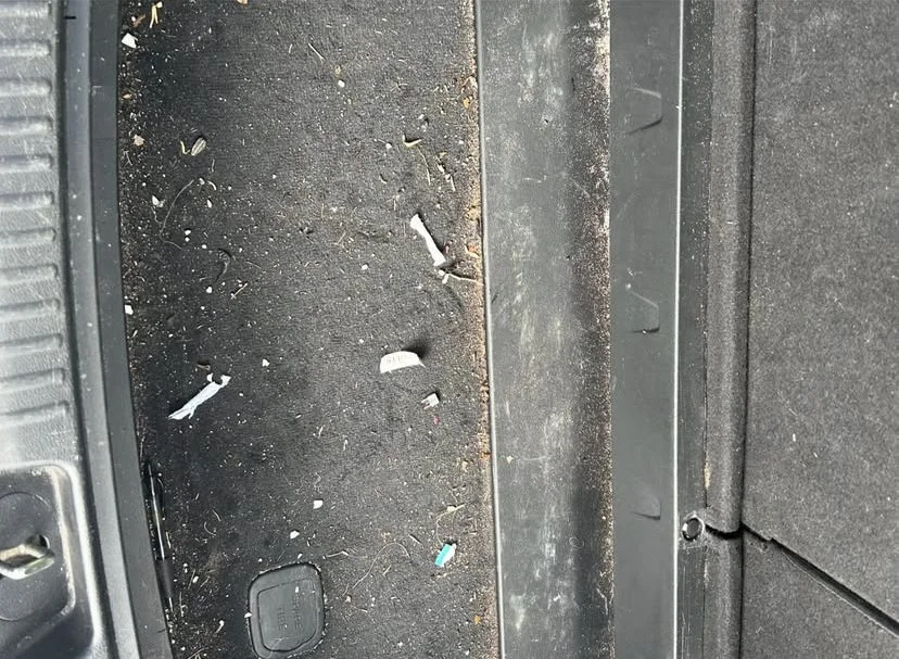 Dirty car floor mat with small debris, dirt, and a minor tear in the fabric.