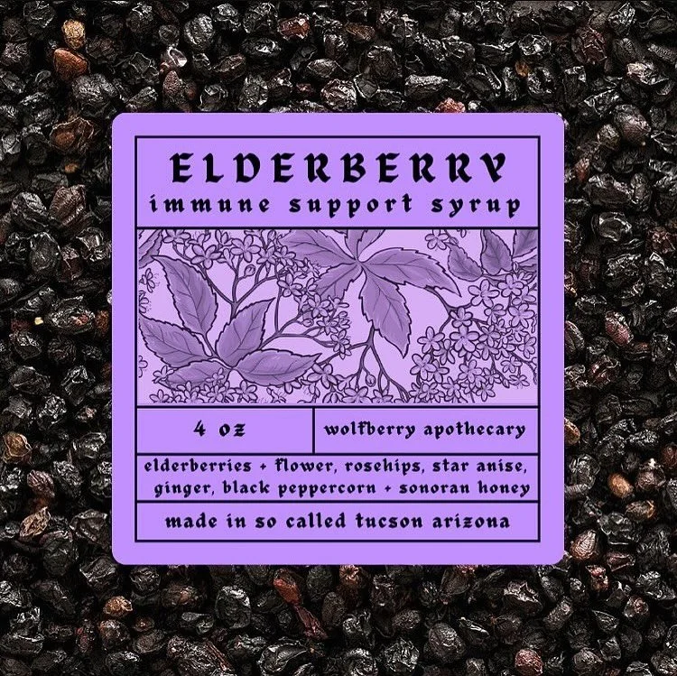 🍇 elderberry immune syrup 🍇
SUPPORT DEEP IMMUNITY
A deeply nourishing herbal alcohol free formula made with local Sonoran honey, elderberries, and a blend of herbs to warm, tone and fortify the kidneys, nurture the upper respiratory system and st