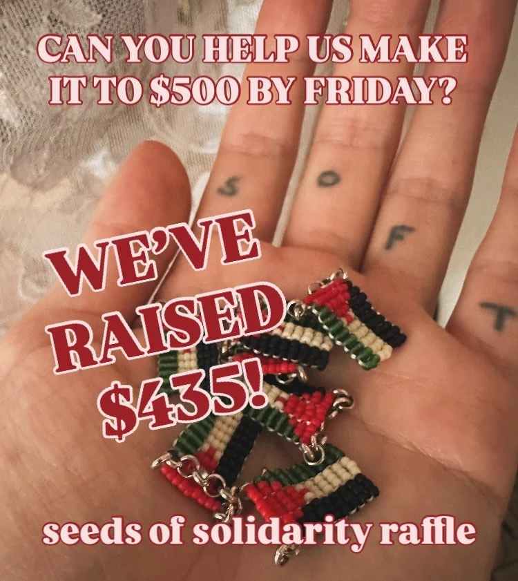 WE HAVE RAISED $436 SO FAR! HELP US REACH OUR $500 GOAL BY FRIDAY??

honored to join @guelph4palestine in efforts to fundraise in solidarity with revive gaza farmlands &amp; we must plant sudan 🤲🏼

in our raffle, participants will have a chance to 