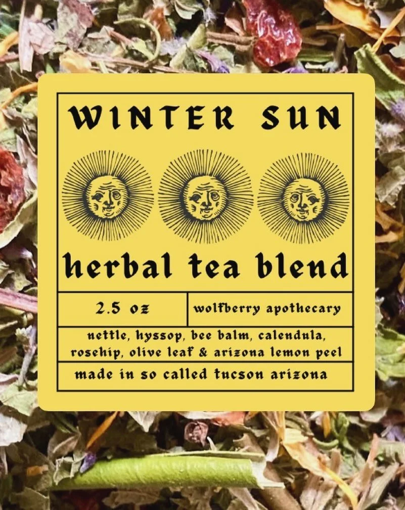 winter sun tea blend 

BRIGHTEN + PROTECT

super excited to introduce this years winter blend - featuring a mix of vitalizing herbs, peels and flowers uplift and warm our upper respiratory systems while imparting gentle anti-viral immune support.

br