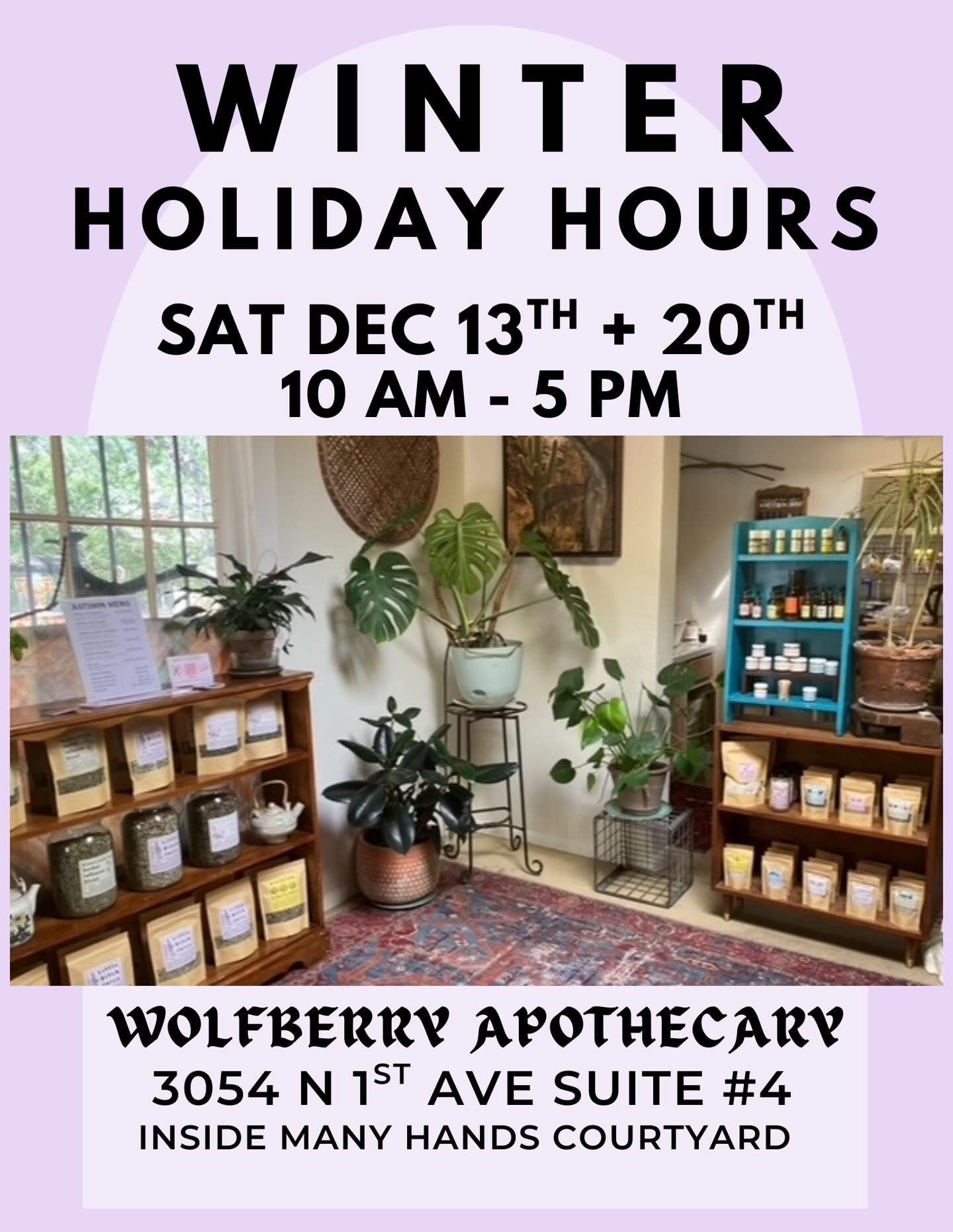WINTER OPEN HOURS 💐

come by the apothecary and invest in hyper local seasonal formulas and gift sets for the cold season!

the shop will be fully stocked with syrups, scents, soaks and teas, well have warm winter sun tea available to try and like s