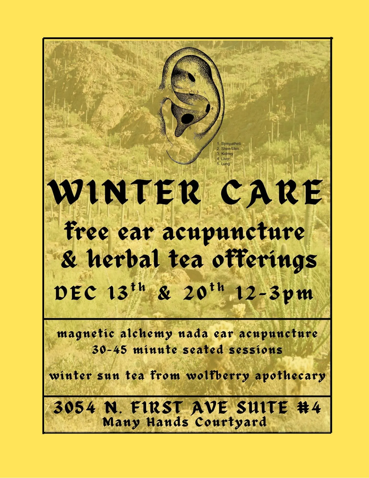 a couple FREE winter care offerings 💐

come join us for a little respite from 12-3pm saturday(s) december 13th &amp; 20th during apothecary open holiday hours 💐

@magneticalchemyy will be set up outside to offer free seated NADA ear acupuncture ses