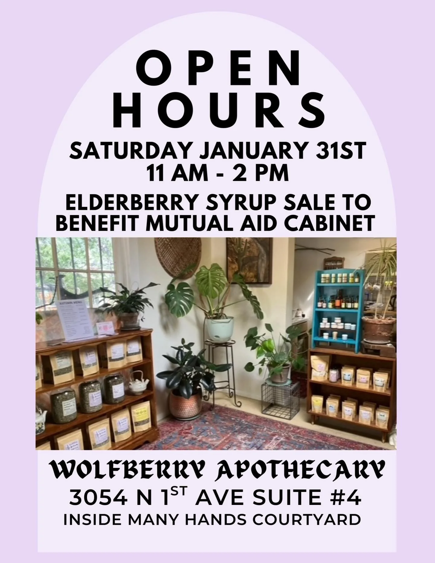 open hours &amp; mutual aid fundraiser 
this saturday jan 31st 11am-2pm! 

we&rsquo;ll have the last of the winter 4oz bottles of elderberry syrup on sale to raise funds for the burgeoning herbal mutual aid cabinet 🥹 this project has *almost* come t