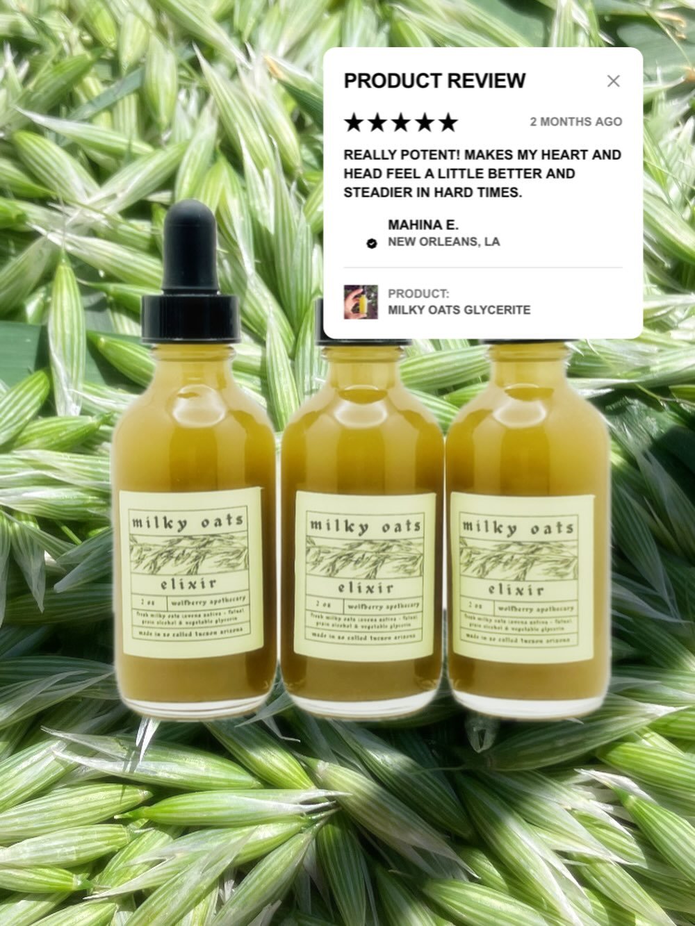 a superior formula for stress relief - milky oats boast an ability to soothe and relive frazzled nerves when taken consistently over a period of time. 

nutritionally dense &amp; tasty, the alcoholic elixir or alcohol free glycerine are highly recomm