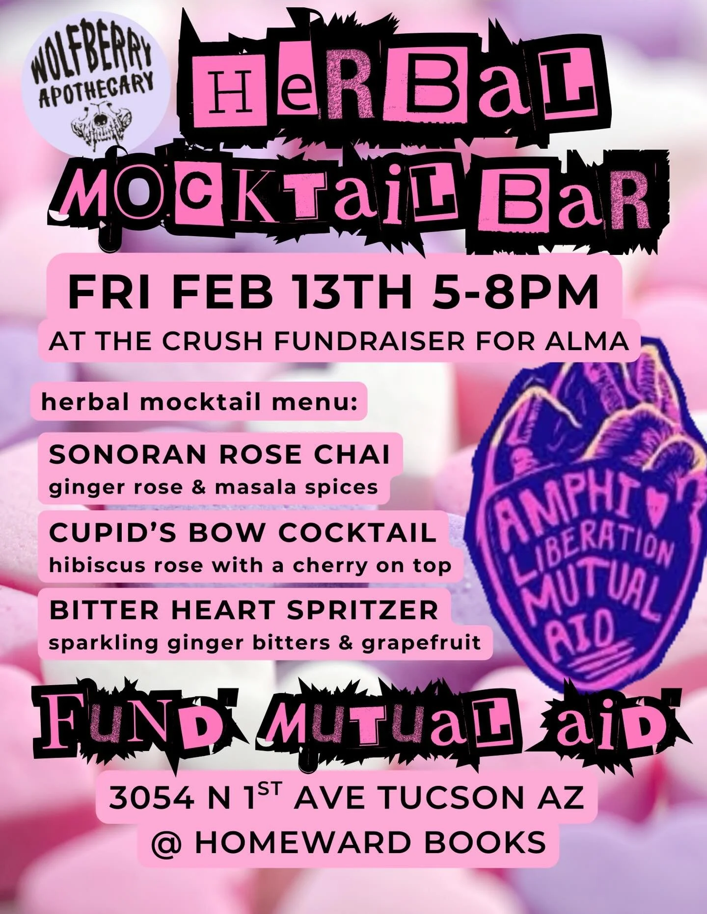 Come join us at CRUSH this friday!

Friday Feb 13th 5-8pm @ 3054 N First Ave

we&rsquo;ll have a rose themed mocktail bar, treats, activities and entertainment all lined up to delight and inspire! 

come help raise funds for the crucial work @alma520