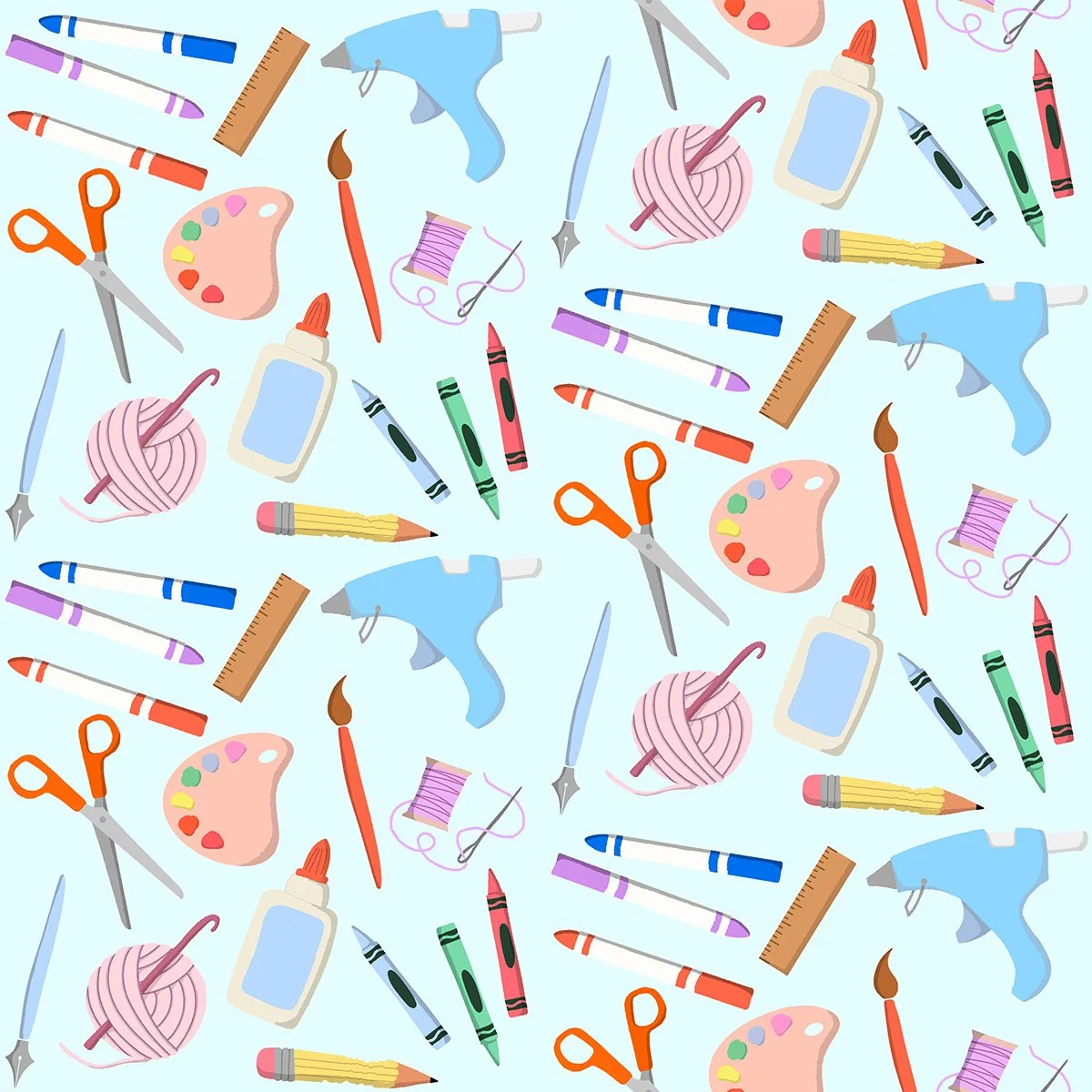 A pattern with items used for crafting including paint palettes, paintbrushes, markers, pencils, crayons, scissors, glue guns, glue, needle and thread, crochet needles, calligraphy pens, and rulers