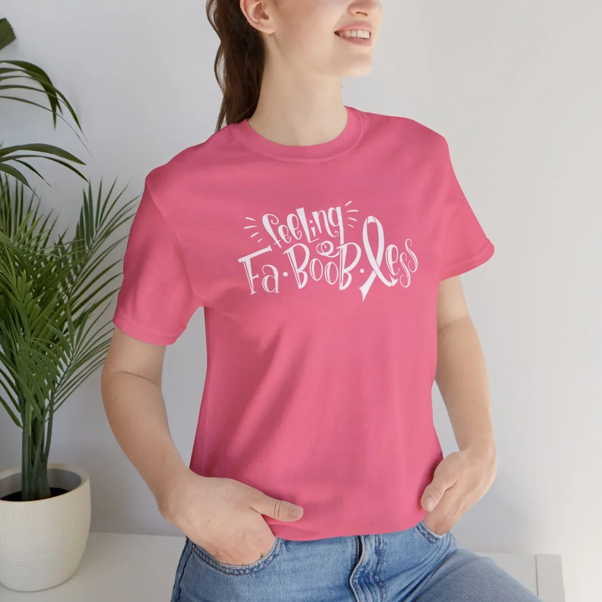 Pink Hand Lettered Feeling Fa-Boob-Less Breast Cancer Short Sleeve Shirt