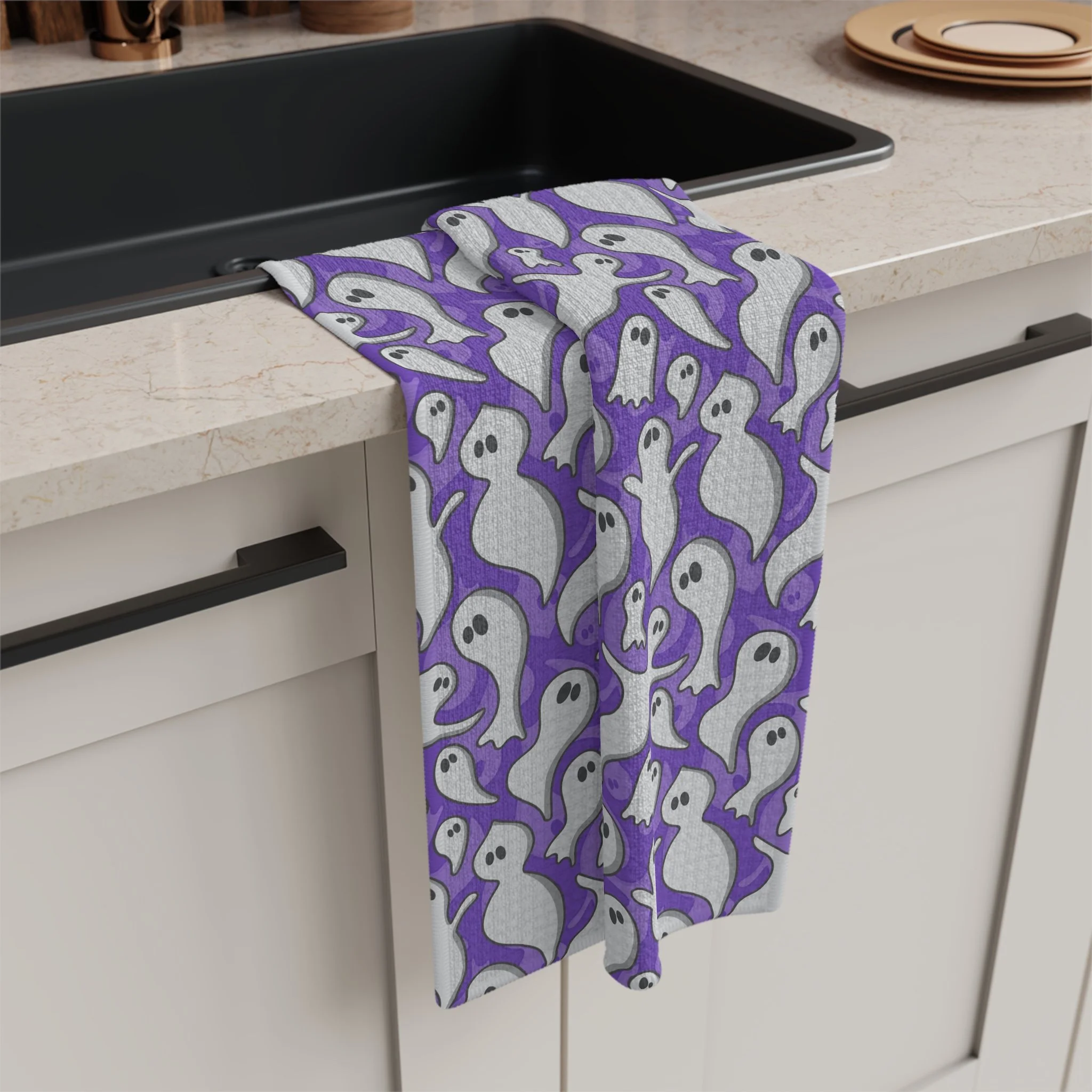 Halloween Spooky Ghosts Soft Kitchen Towel with Purple Background