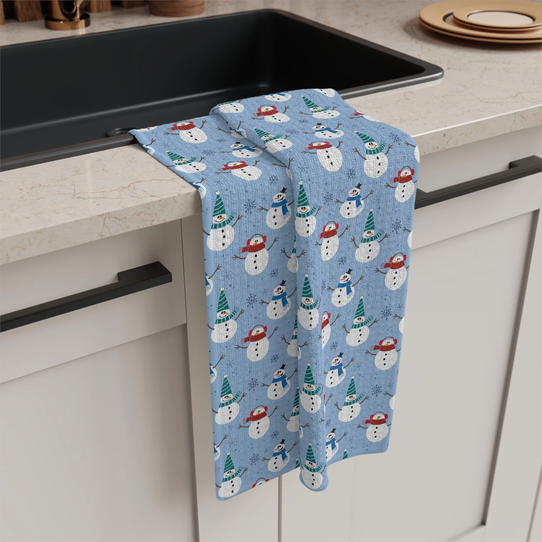 Frosty Friends Soft Kitchen Towel: Cute Happy Snowmen Wearing Hats and Scarves on Blue Background with Snowflakes