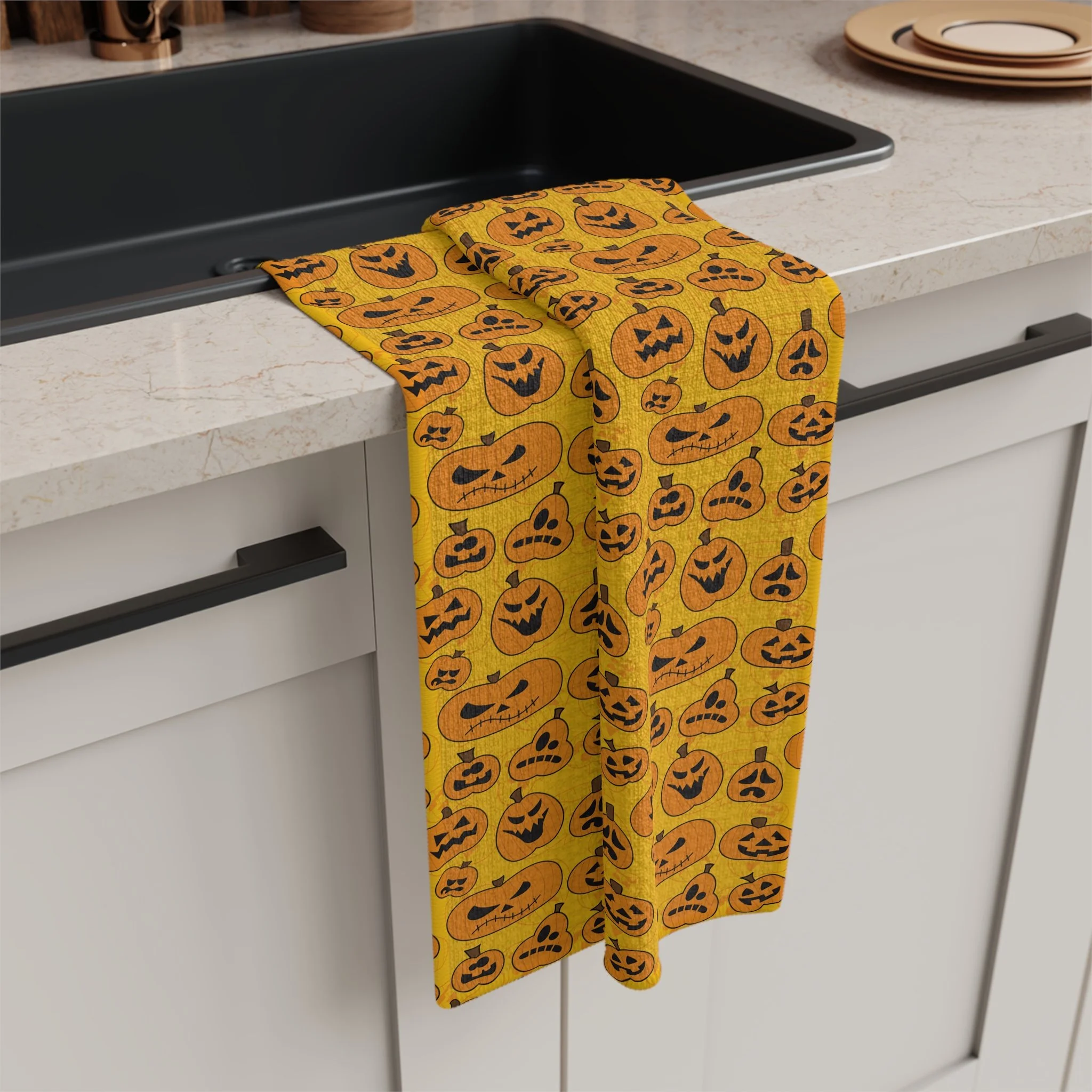 Halloween Jack-O-Lantern Pumpkins Soft Tea Towel on Orange Background