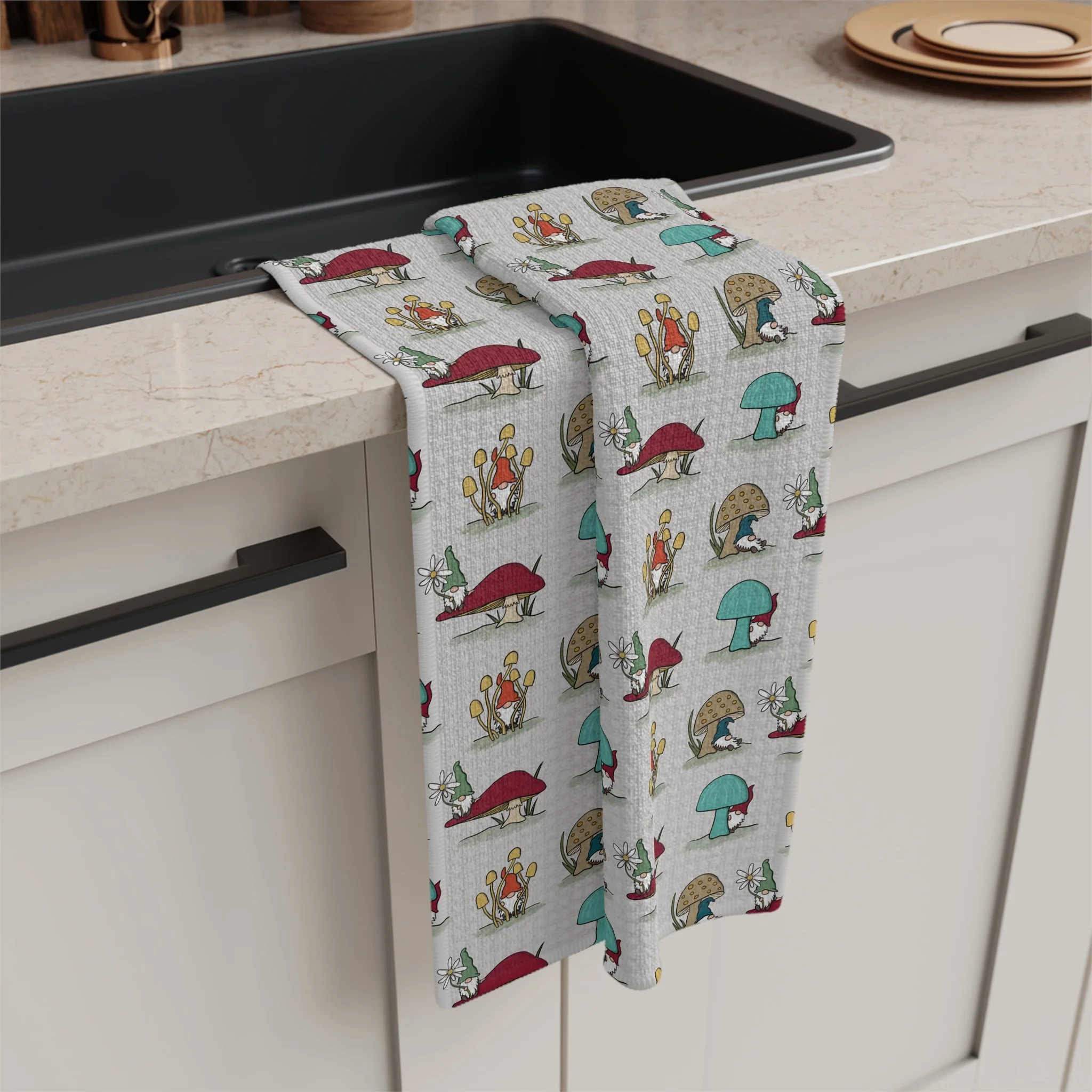 Gnomes and Mushrooms Hand Drawn Pattern Soft Tea Towel