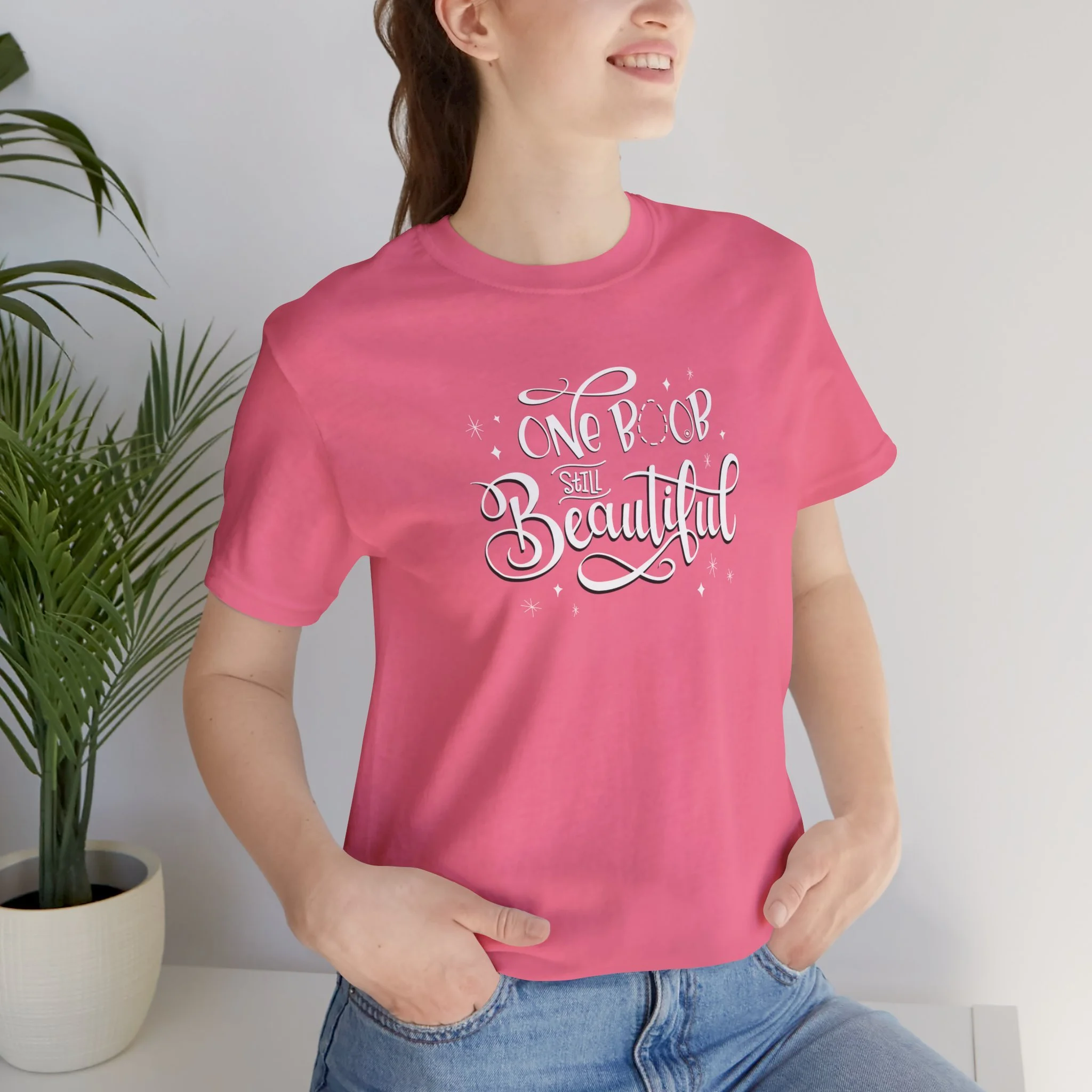 Hand Lettered One Boob Still Beautiful RIGHT Mastectomy Breast Cancer Short Sleeve Shirt in Pink, Black, or White