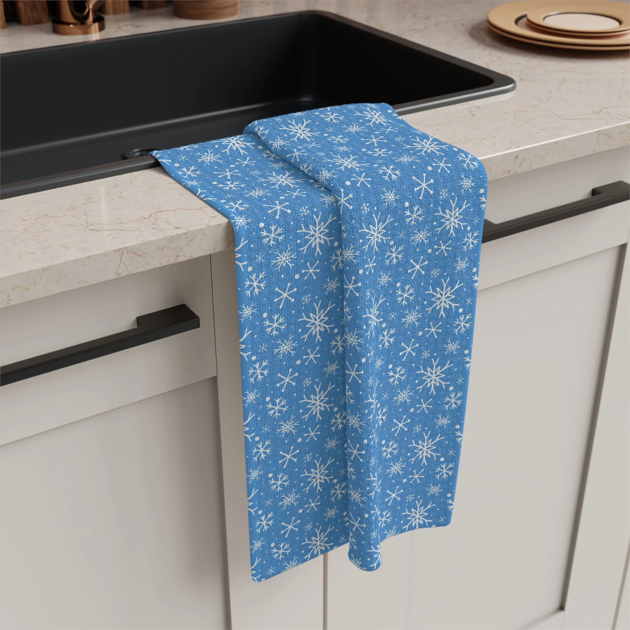 Hand-drawn Snowflakes Soft Kitchen Towel with Blue Background