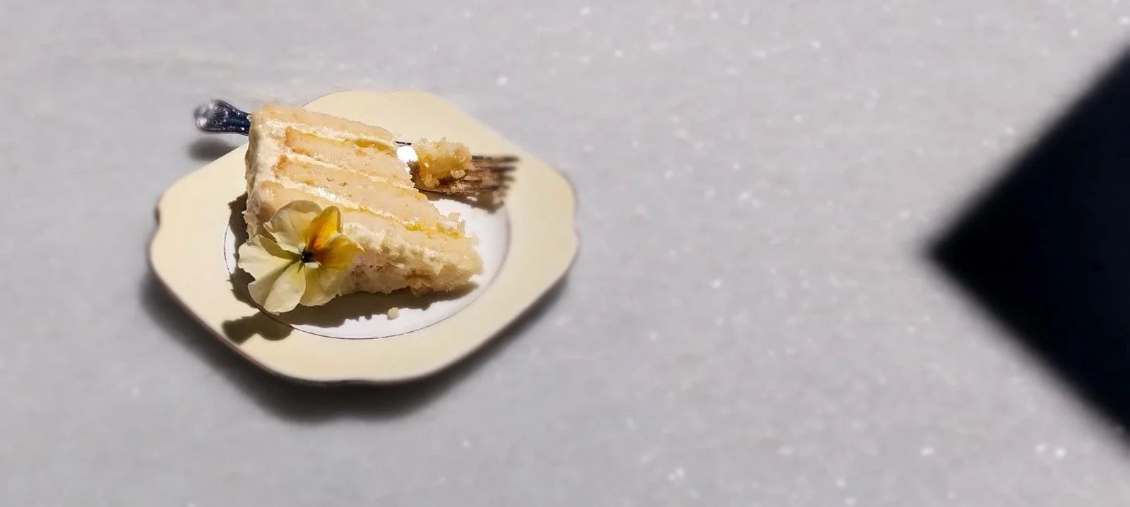 VECETO: Shadow triangle tip points toward vintage china. Lemon cake on its side, silver fork, white marble.