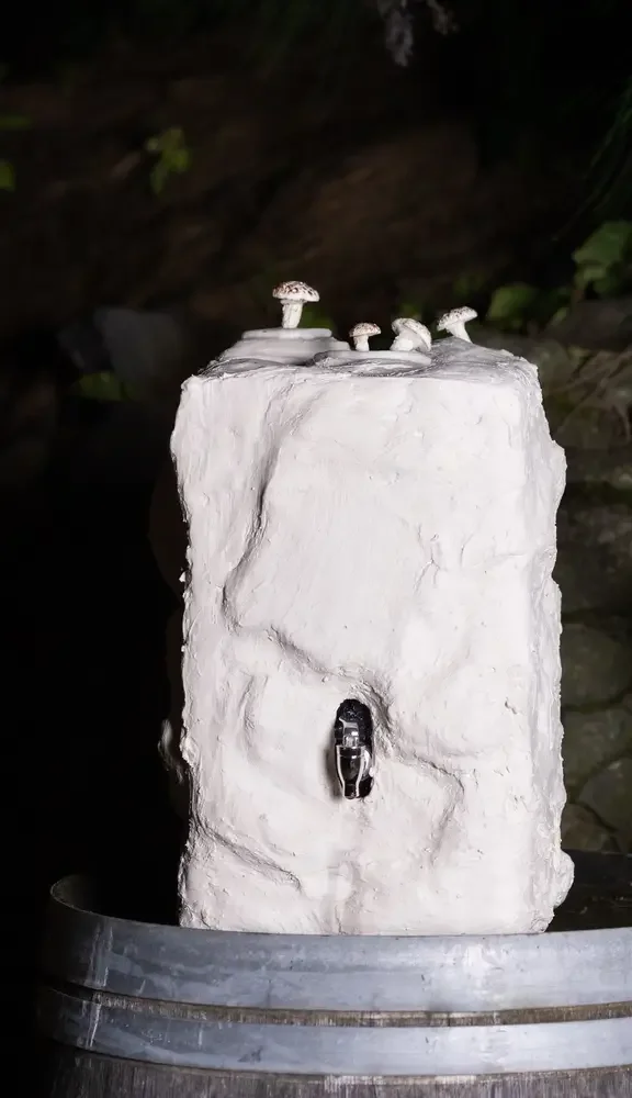 Veceto edible sculptures of white meringue mushrooms with cacao powder on a plaster rock terrain, stacked stone wall and evergreen branches behind.