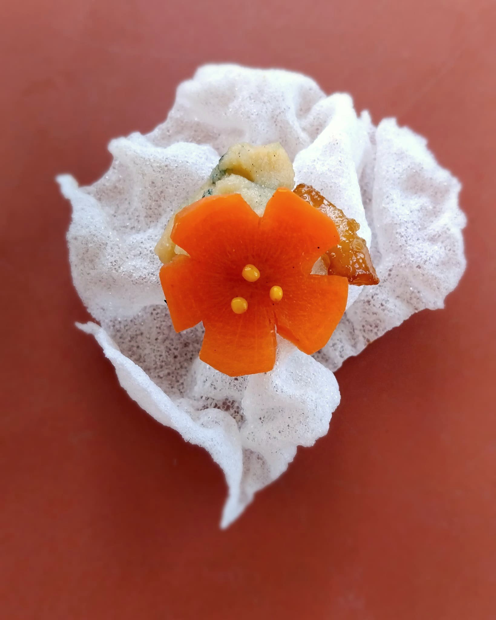 VECETO: Eating design, pickled carrot bloom on rice paper crisp. Terracotta ground, no rim in view.