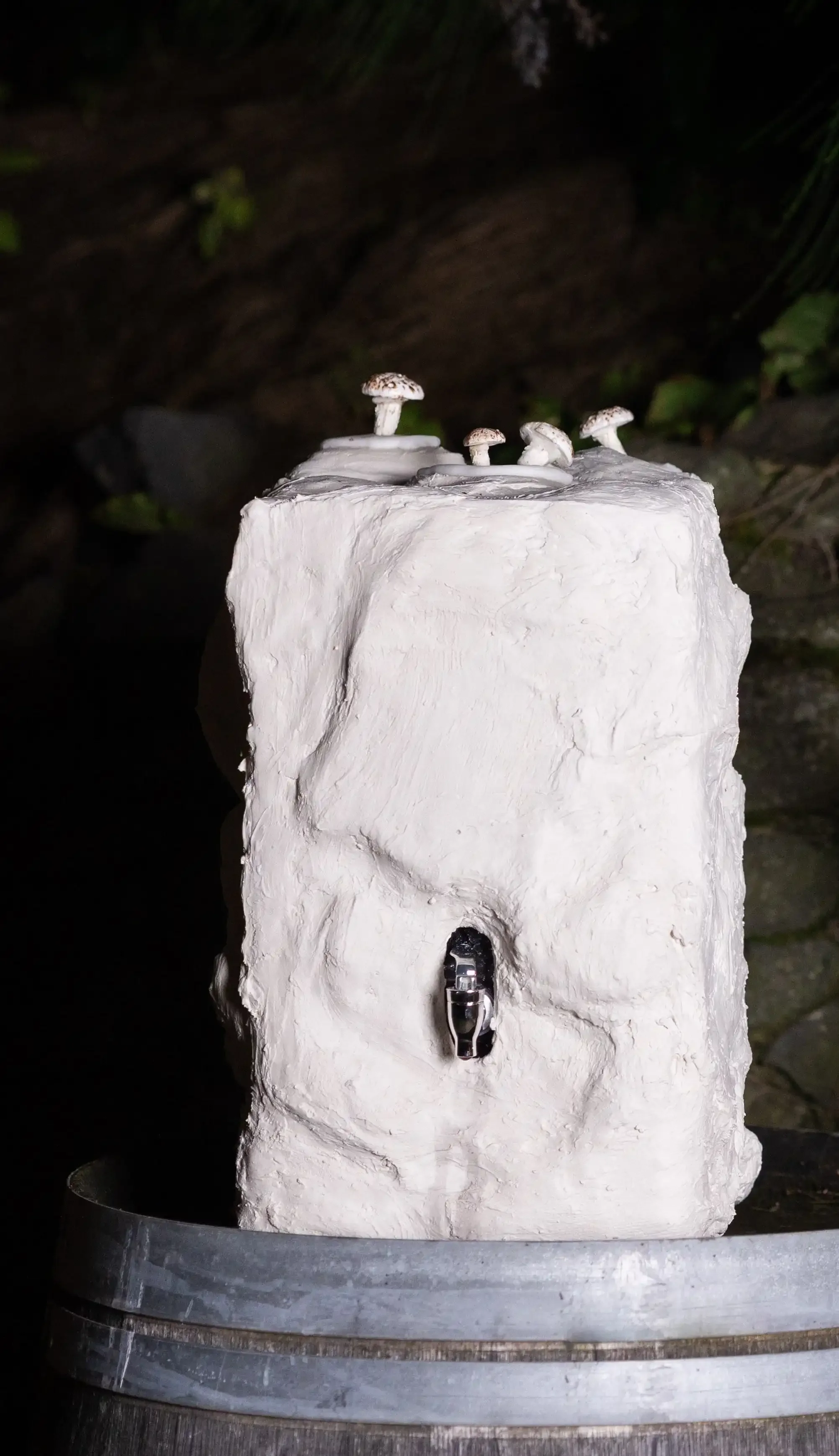 Veceto edible sculptures of white meringue mushrooms with cacao powder on a plaster rock terrain, stacked stone wall and evergreen branches behind.