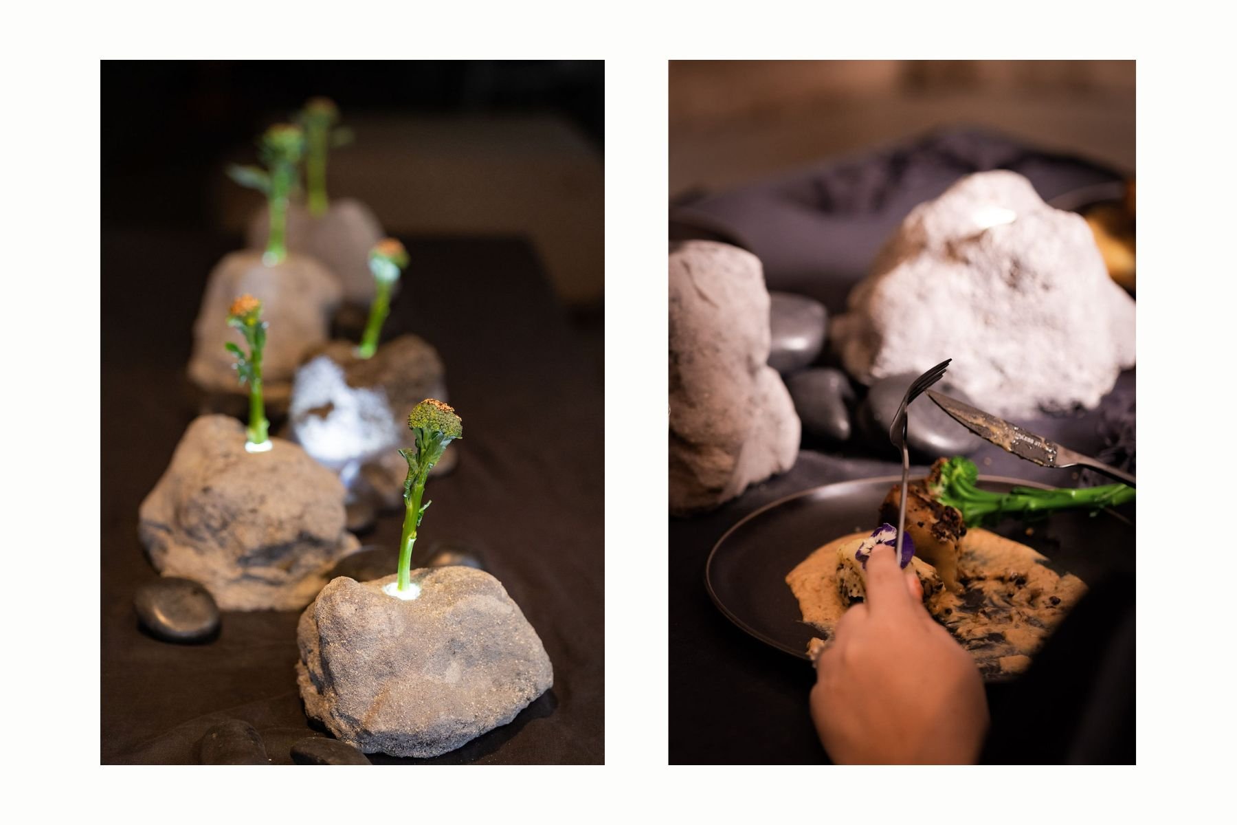 Cast concrete vessel holding broccolini, and the same vessel standing empty after the table has taken it.