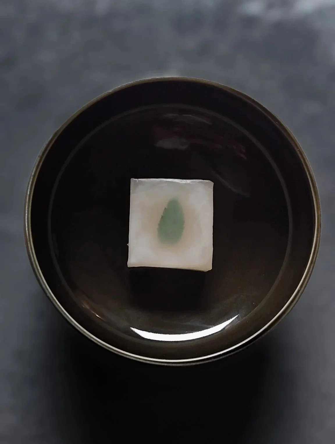 Veceto: Optical illusion. Mint leaf in coconut agar suggesting concealed depth, anthracite ground, material culture study, curated absence.