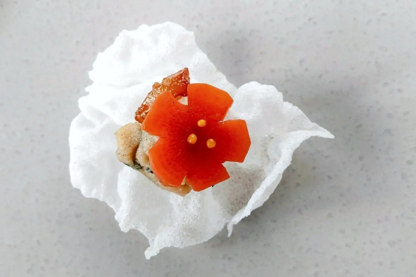 VECETO: Preserved ornament, the same carrot bloom on white marble. Crisp pale, the orange left alone.