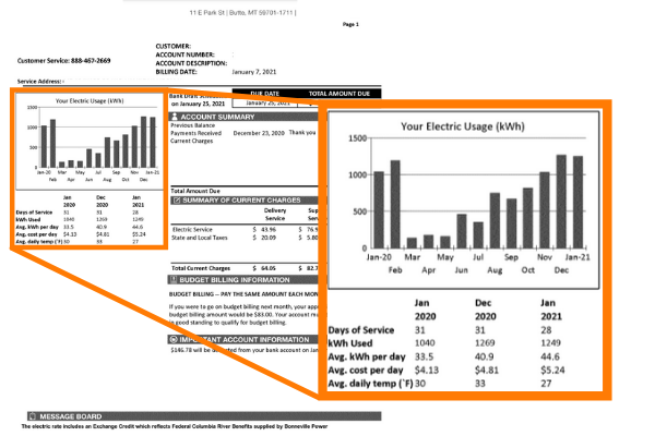 Electric bill with a detailed graph showing monthly usage in kilowatt-hours (kWh) and associated costs for January 2021. Includes a summary of charges and billing information.