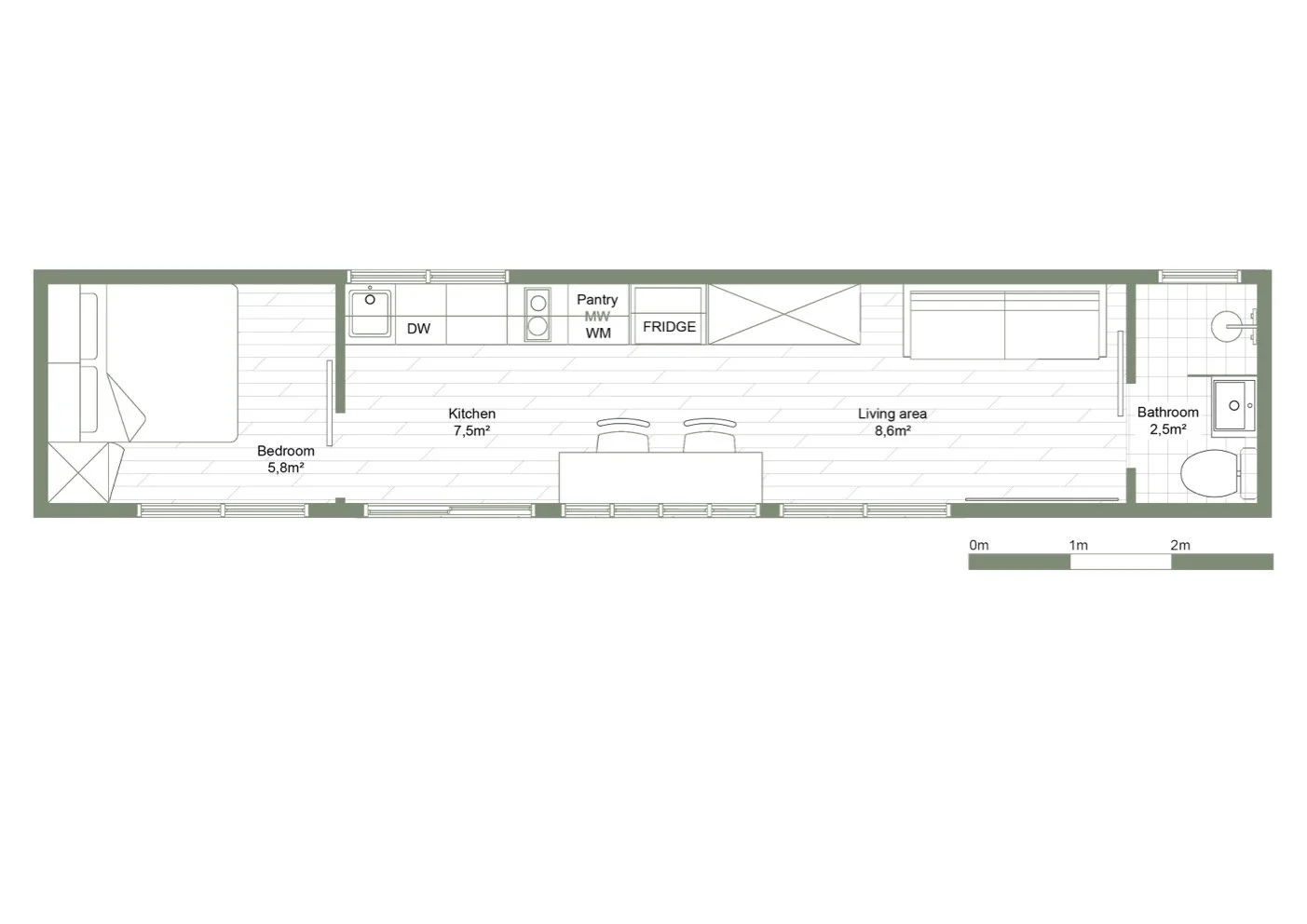Floor plan of a small apartment, showing a bedroom, kitchen, living area, bathroom, and pantry.