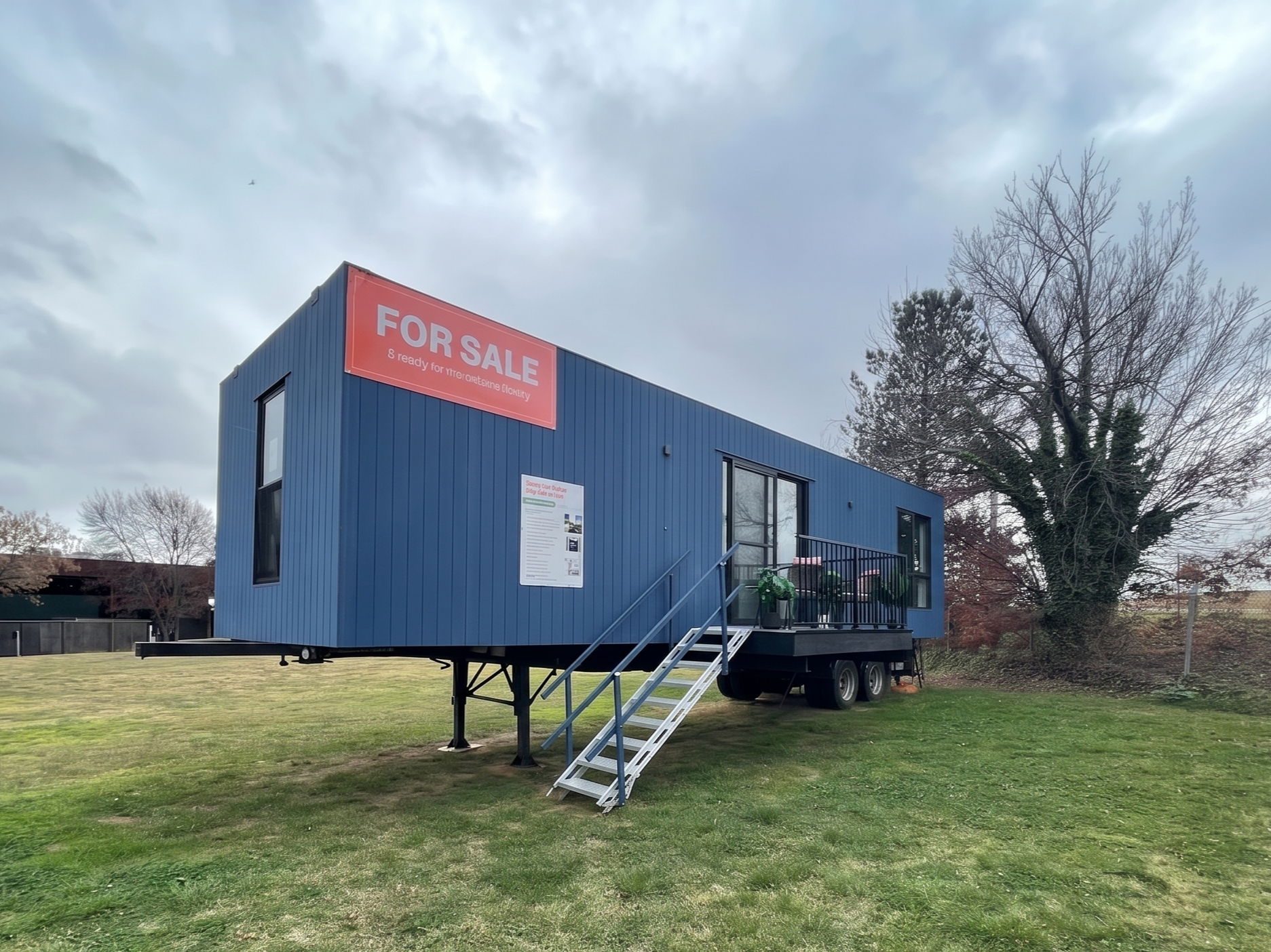 Blue AH105 tiny house on wheels with deck and stairs