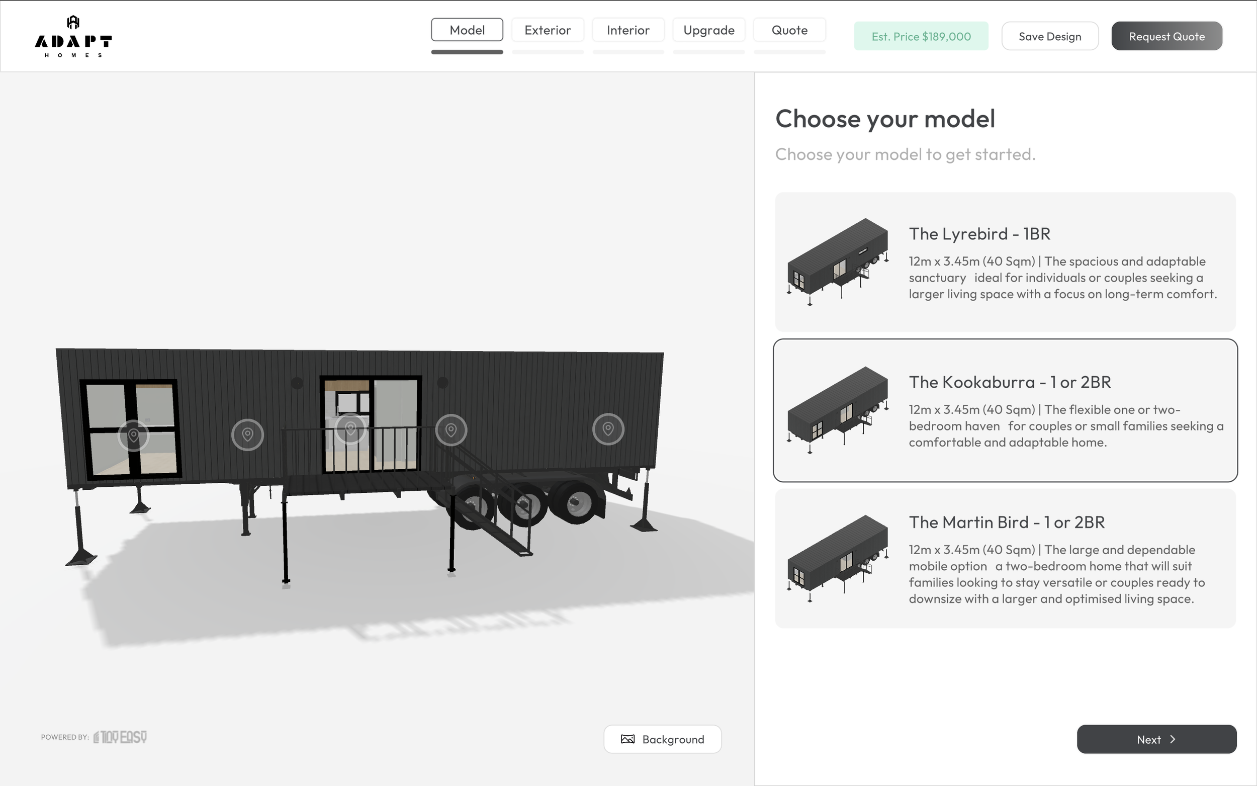 3D model of a modern tiny home on a black trailer with wheels, featuring several windows and a door. The model is part of a home customization website, with options to choose different models and layouts.