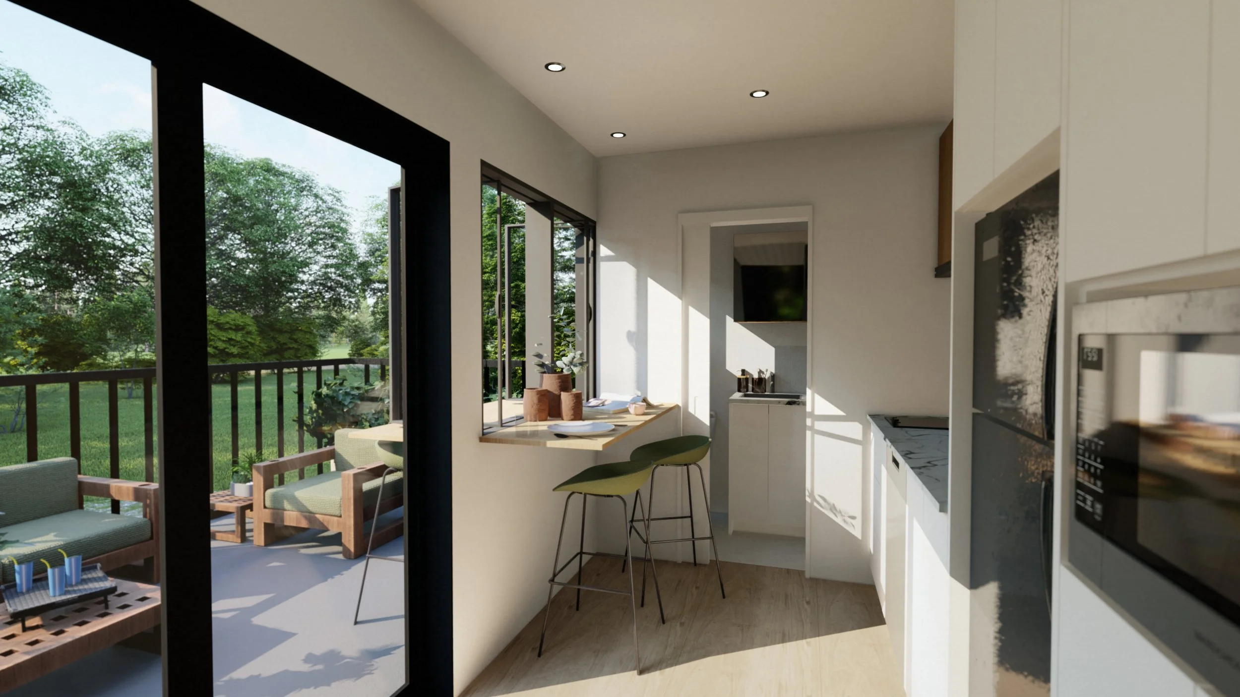 Modern kitchen with white cabinets, black microwave, and a small counter with two barstools, opening to an outdoor patio with seating and green trees.