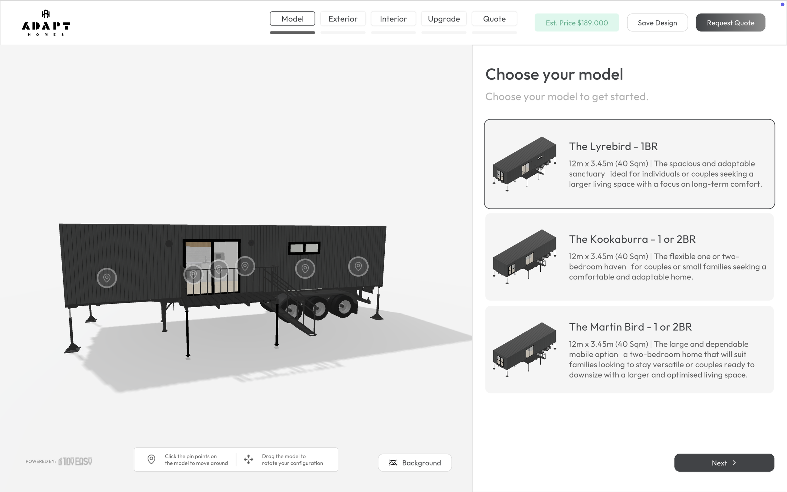 A 3D model of a tiny house on wheels with a black exterior, a small deck at the entrance, and multiple pinpoints indicating different features. The webpage has options for selecting house models and specifications, with a sidebar listing three available models: The Lyrebird, The Kookaburra, and The Martin Bird. The estimated price displayed is $189,000.