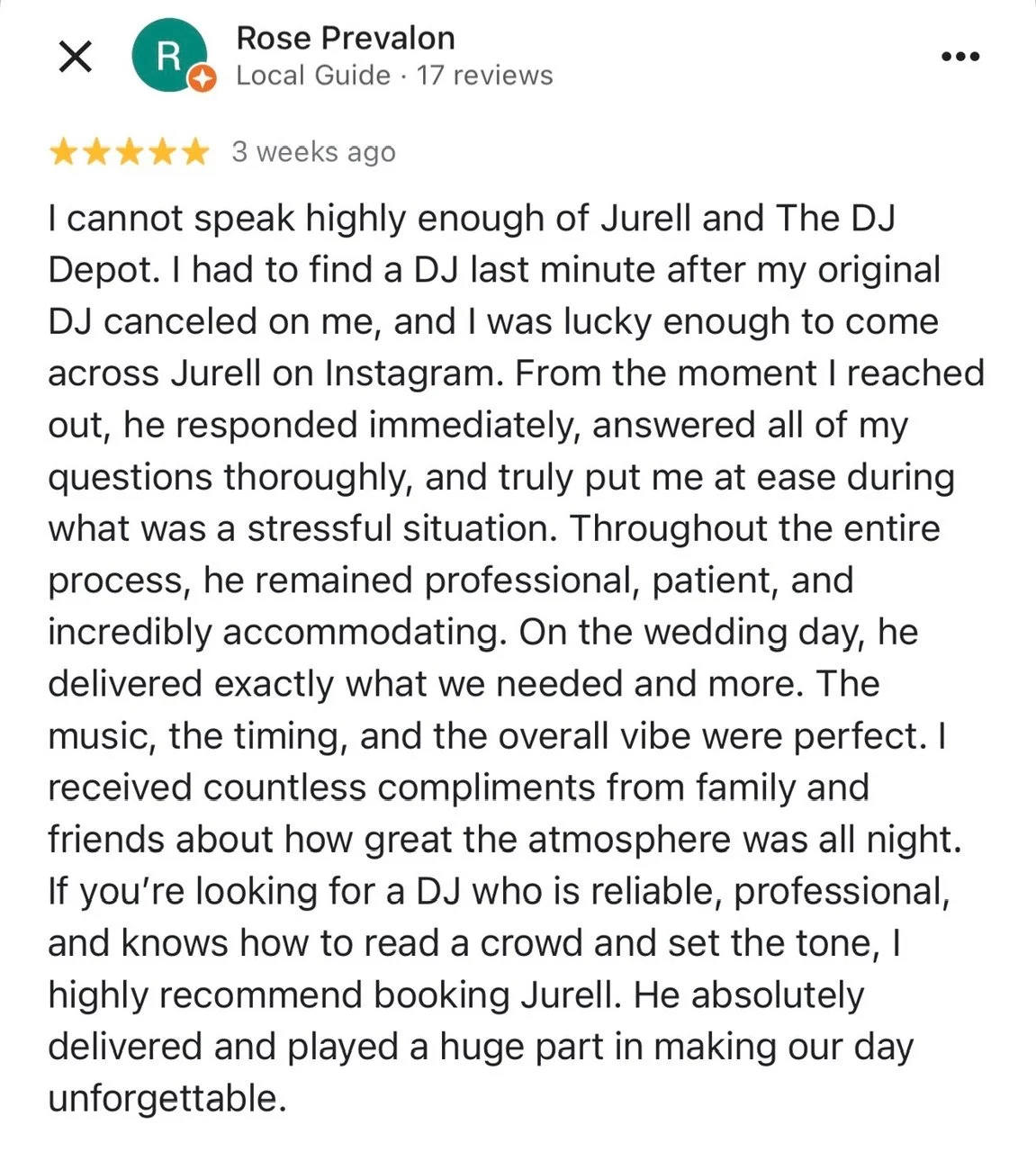 Customer review of a DJ services on a social media platform, expressing satisfaction with the DJ's professionalism and performance at a wedding.