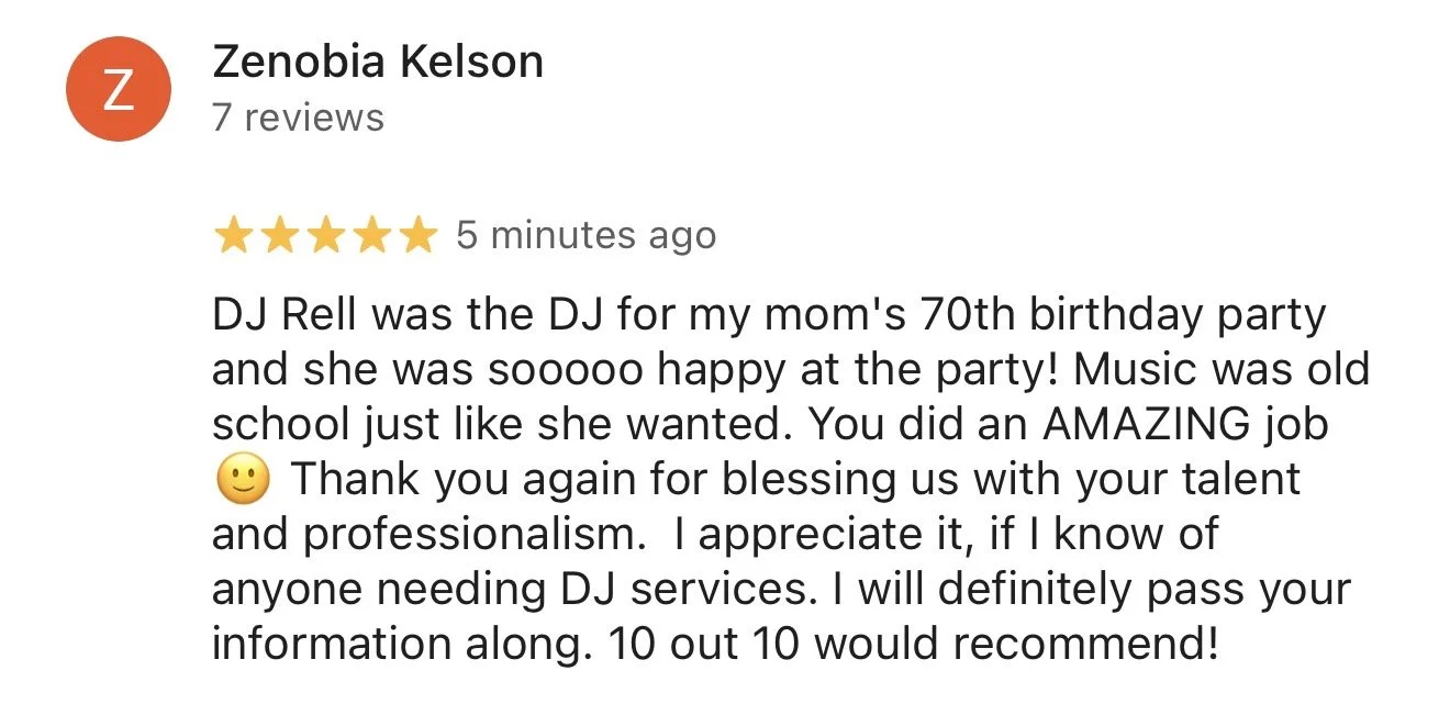 Screenshot of an online review for a DJ service, showing the reviewer's name, star rating, review date, and positive feedback about the DJ for a birthday party.