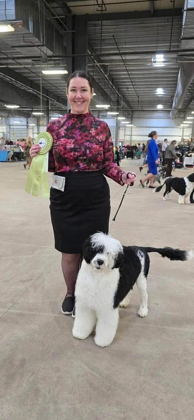 A woman holding a blue ribbon and a yellow ribbon in an indoor dog show, standing with a black and white dog in a large, industrial-style venue with other dogs and people in the background.