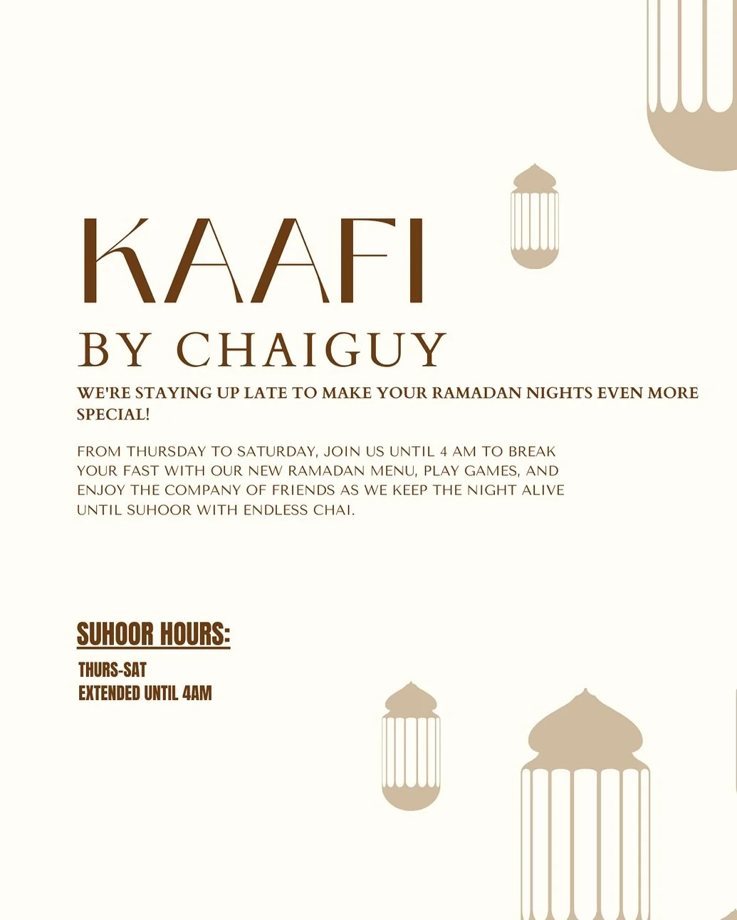 **MENU BEGINS THURSDAY MARCH 6th**

🌙✨ Ramadan Nights Are Here! ✨🌙

We&rsquo;re excited to announce our special Ramadan menu, available every night after Iftar 🕌!

Join us Thursday through Sunday for extended hours until 4AM, and indulge in our fl