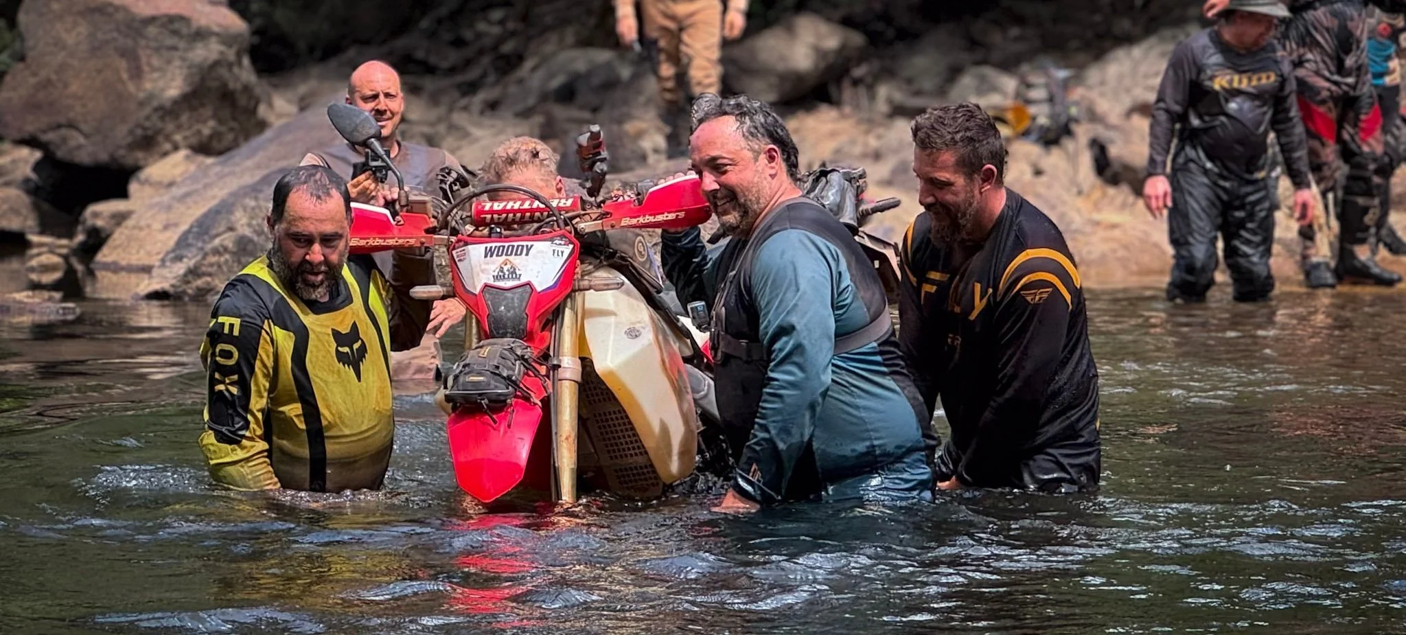 Epic river crossing on a Cape York motorcycle tour, showcasing real off-road adventure riding in remote Australia