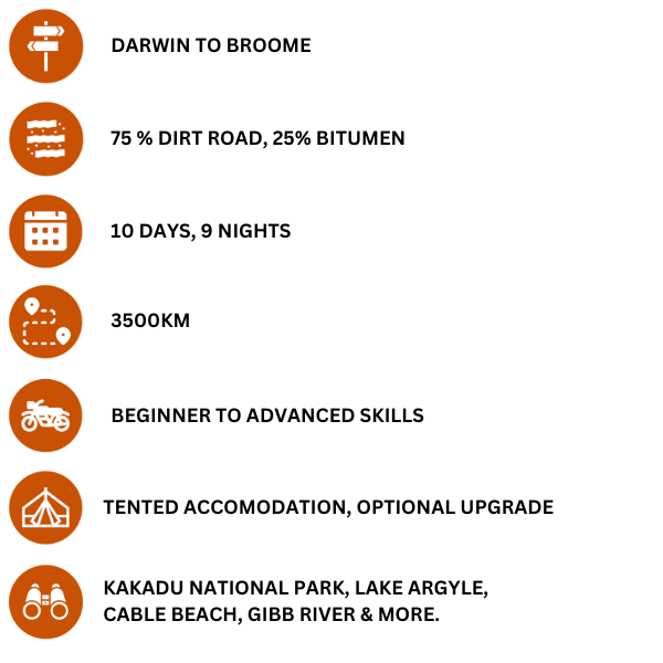 Information graphic for a Kimberley adventure motorcycle tour including Kakadu, Lake Argyle and the Gibb River Road