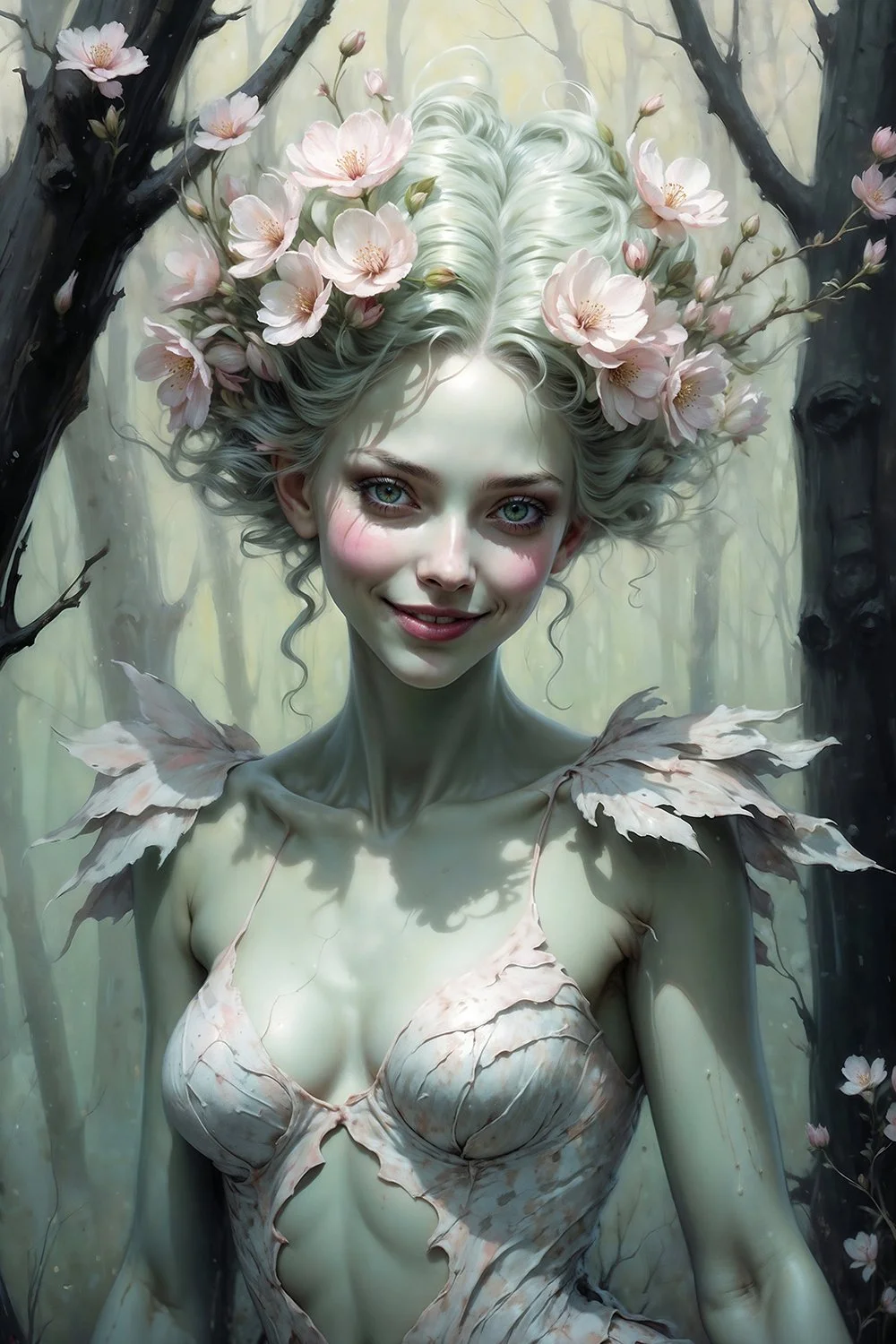 Fantasy forest dryad with flowers, ethereal and enchanting artwork.