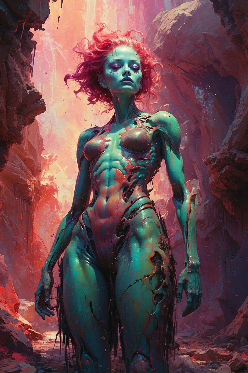 Alien warrior woman in vibrant sci-fi landscape painting