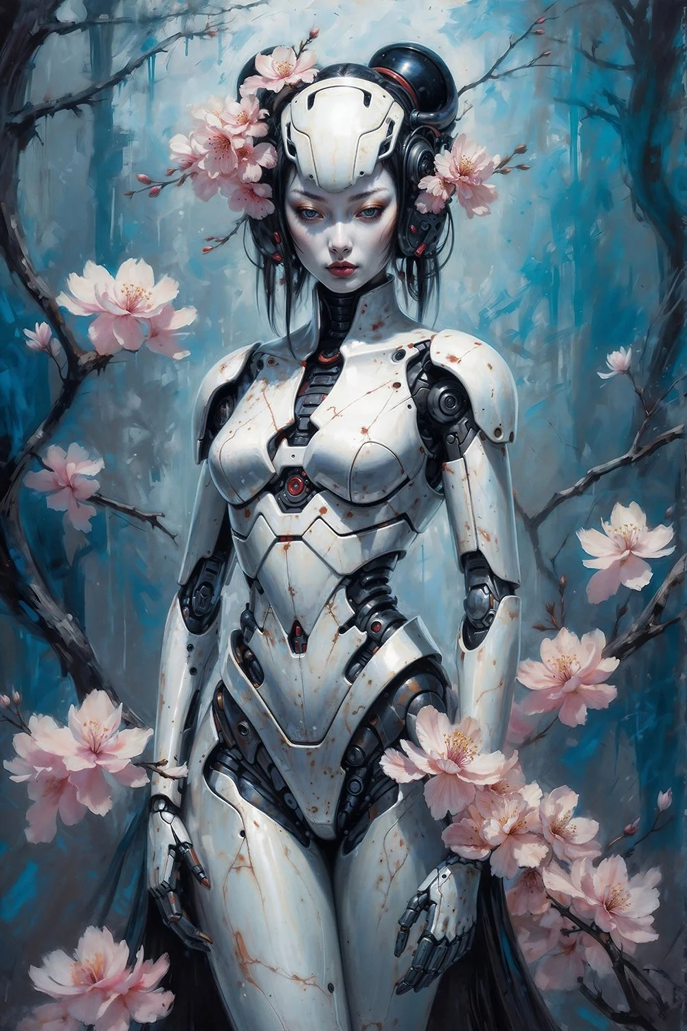 Futuristic cyborg geisha in cherry blossom forest