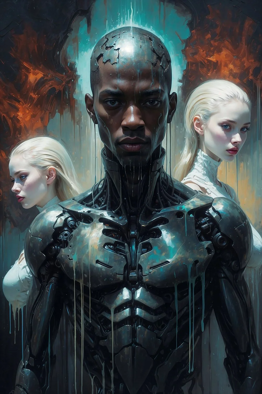 Futuristic cyborg warrior with dual companions, sci-fi art