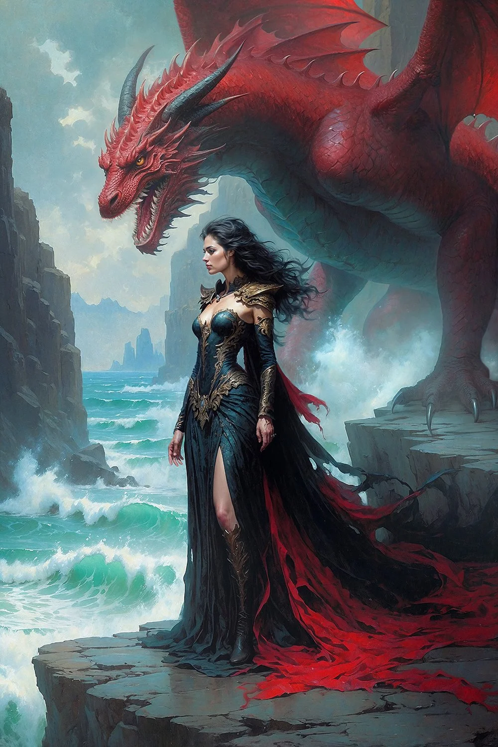 Fantasy painting of woman and red dragon by ocean