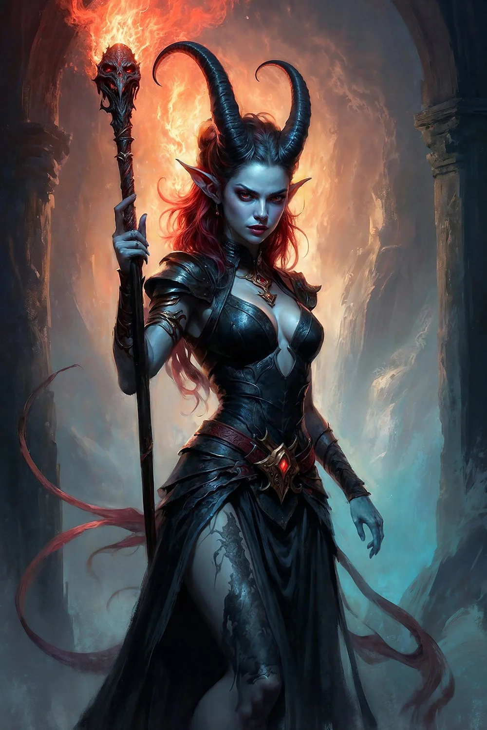 Tiefling sorceress wielding magic staff in fantasy painting.