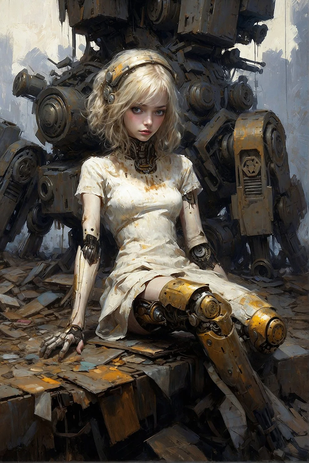 Fantasy painting of cyborg girl with futuristic robot