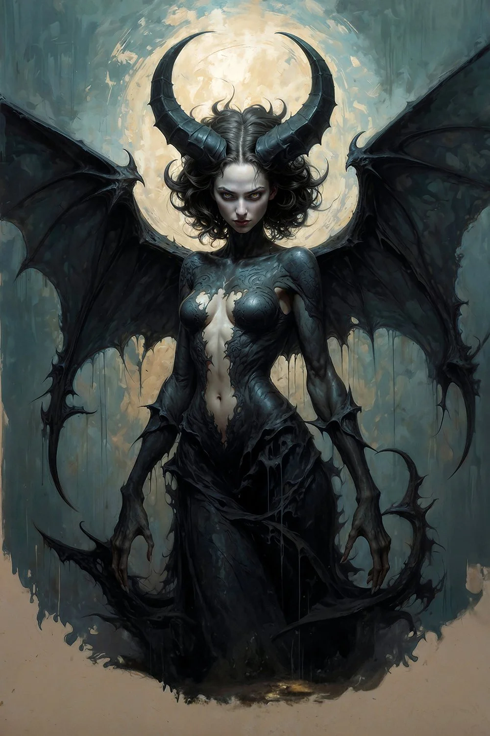 Succubus queen fantasy painting with dark gothic wings
